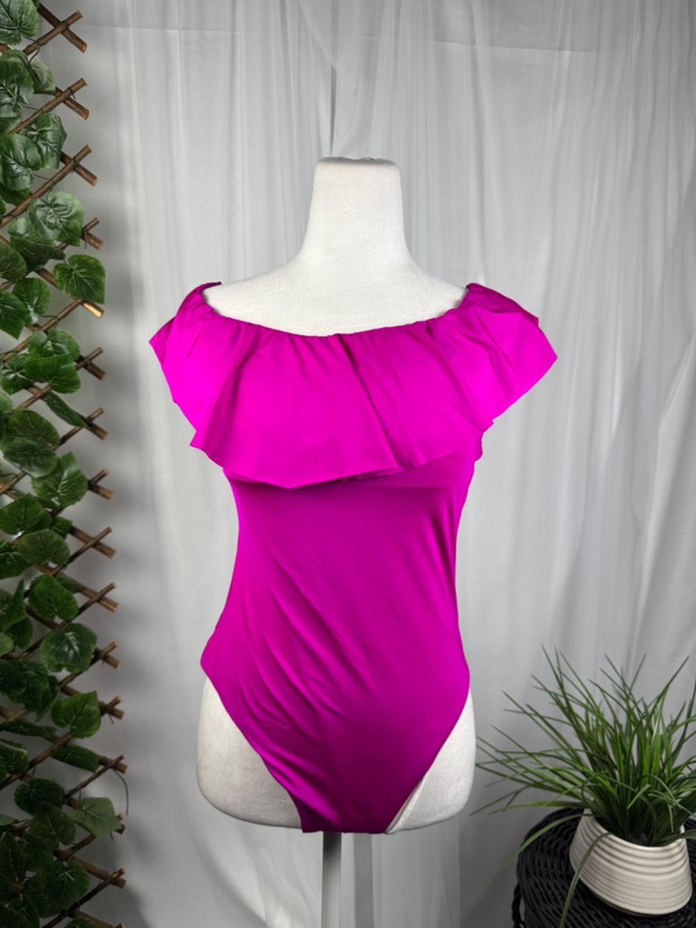 Trina Turk Fuchsia Off-Shoulder Ruffle One-Piece Swim